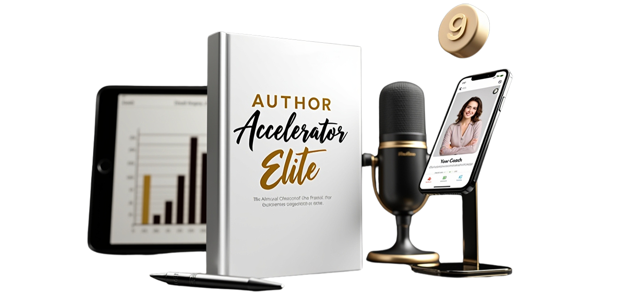 A book titled Author Advantage Accelerator Elite with a laptop and coaching session visuals.